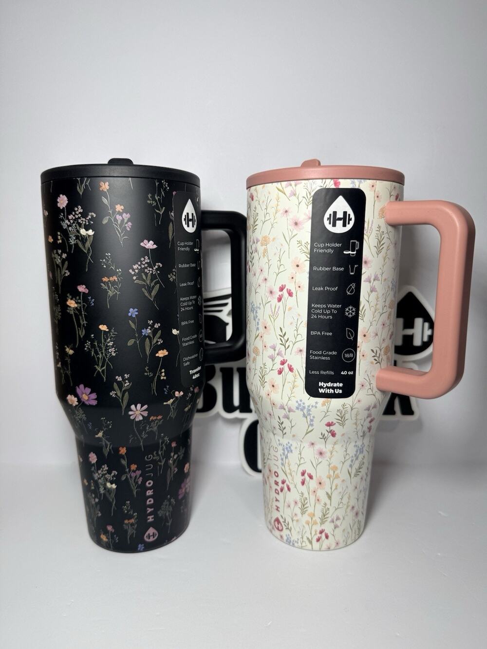 Hydrojug Exclusive MIDNIGHT FLORAL + WILDFLOWER 40oz Traveler Tumbler Set NIB